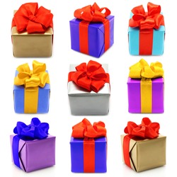Collage of color gifts with bows on white background