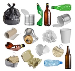 Samples of trash for recycling isolated on white background 