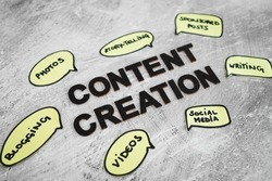 content creation and story-telling concept, text surrounded by comic bubble icons with different element of online content from photos and videos to blogs and sponsored posts on concrete background