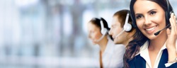 Call Center Service. Photo of customer support or sales agent. Group of callers or receptionist phone operators. Copy space for some text, advertising or slogan. Help line answering and telemarketing.
