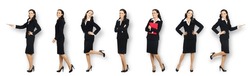 Collection of full body length portraits of business woman in black suit, isolated on white background. Collage image of confident businesswoman pointing, showing, going, dancing, at studio.