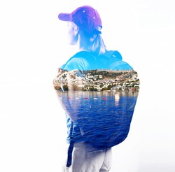 Double exposure of woman traveler and seaside. Concept of female hiker with backpack traveling to harbors. 
