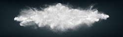 Abstract wide horizontal design of white powder snow cloud explosion on dark background