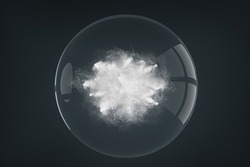 Abstract design of powder or smoke particles cloud explosion on dark background inside the transparent glass sphere