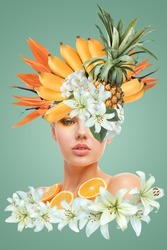 Abstract contemporary art collage portrait of young woman with fruits and flowers