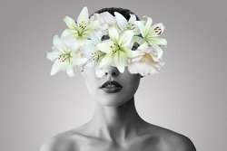 Abstract contemporary art collage black and white portrait of young woman with flowers on face hides her eyes