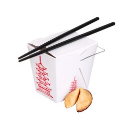 chinese food box container with fortune cookie and chopsticks isolated on white background