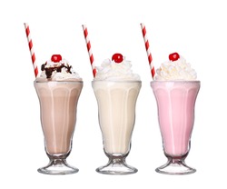 milkshakes chocolate flavor ice cream set collection with cherry on top isolated on white background
