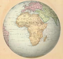 Antique map of Africa on the globe. From Atlas by F. A. Garnier, 1862.