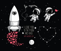 cute hand drawn elements for valentine's day design: moon, stars, astronauts floating in space and rocket, cosmic vector illustration