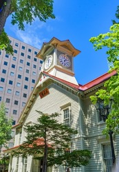 Sapporo Tokeidai (Sapporo Clock Tower), a major tourist attraction in Sapporo City, Hokkaido, Japan. Translation: drill hall.