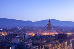 Panorama picture of boudhanath stupa before earthquake , Nepal.Kathmandu , the capital city of Nepal in early morning twilight blue sky,This photo was taken before Nepal great earthquake 2015.