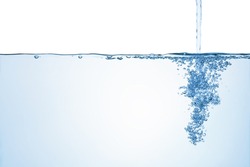 Flowing water with air bubbles, isolated on the white background.