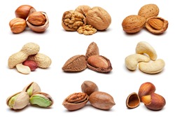 Set of various nuts isolated on the white background.