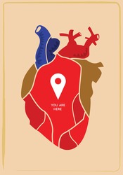 A heart that looks like a map and with a location logo. Editable Clip Art.