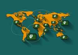 A video or TV Monitor showing symbolics skulls worldwide and can mean anything such as spreading of terror, technology crimes, or injustices in daily TV news or social network. Vector illustration.