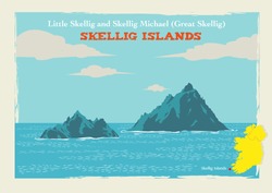 Two Islands called Skellig Michael or Great Skellig and Little Skellig in Country Kerry, Ireland. Editable Clip Art. 
