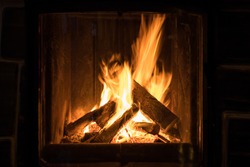 Roaring flames in a modern fireplace 