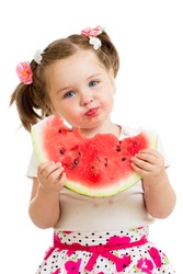 child girl eating watermelon isolated on white background