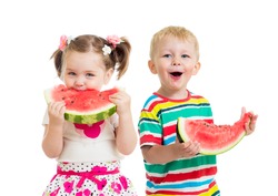 kids boy and girl eat watermelon isolated on white