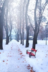 Winter park with red benches