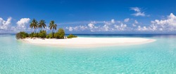 Small desert island with idylic lagoon in tropical climate of Indian ocean.