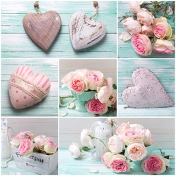 Collage from photos with  with sweet pink roses in vase, decorative hearts and candles  on turquoise painted wooden planks. Shabby chic. 