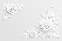 Paper flower. White roses cut from paper. Wedding decorations. Decorative bridal bouquet, isolated floral design elements. Greeting card template, blank floral wall decor. Background.