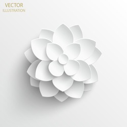 Paper flower. White lotus cut from paper. Wedding decorations. Decorative bridal bouquet, isolated floral design elements. Greeting card template. Vector illustration. Background. 
