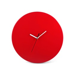Red simple round wall clock - watch isolated on white background