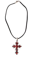 silver cross with red stones on black  string