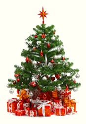 Christmas tree with heap of red gift boxes decorated with satin ribbon isolated on white background