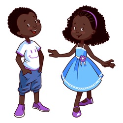 Two very cute african american kids. Boy and girl in blue dress. Vector illustration on a white background.