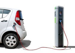 Electric car on charging station  isolated on white