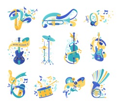 Musical instruments and notes flat illustrations set. Electric guitar, drums, violin. Modern headphones, vintage microphone isolated cliparts. Music festival, jazz concert, audio listening