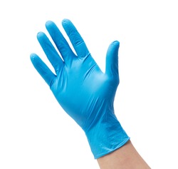Man's hand wearing nitrile gloves on white background