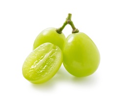 Grains of shine muscat grapes and cut shine muscat grapes on a white background. White grapes.  Japanese grapes. 