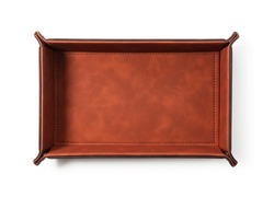 Brown leather tray placed on white background. View from directly above.