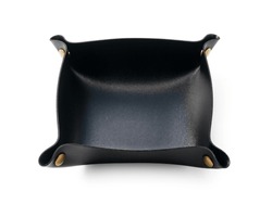 A black leather tray set against a white background.