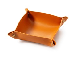Brown leather tray placed on white background.