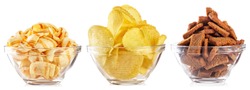 Collection of snacks for beer isolated on white background. Chips and crackers in a transparent plate. Set