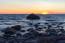Sunset over the Baltic sea. Rocky shore of Purekkari neem, the Northernmost location of Estonian mainland