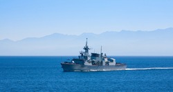 Canadian Navy destroyer in Juan de Fuca Strait near Esquimalt, Victoria, Vancouver Island, British Columbia