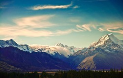 New Zealand scenic mountain landscape shot at Mount Cook National Park.