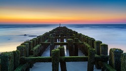 Old row of wooden piles breakwater in sea. Green algae and soft wave. Beautiful seascape.