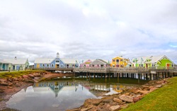 Colourful Buildings at Summerside, Prince Edward Island, PEI, Canada. Small shops selling PEI souvenirs at the harbour.