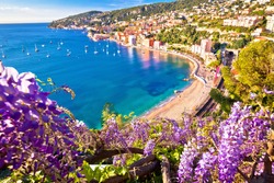 Villefranche sur Mer idyllic French riviera town colorful beach view, Alpes-Maritimes region of France