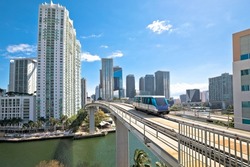 Miami downtown skyline and futuristic mover train view, Florida state, United States of America