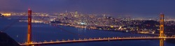 Golden Gate Bridge Over San Francisco Bay and Skyline at Dusk Panorama