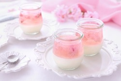 Cherry blossom jelly with mousse dessert  in glasses.
Home made spring dessert with beautiful cherry blossom. 